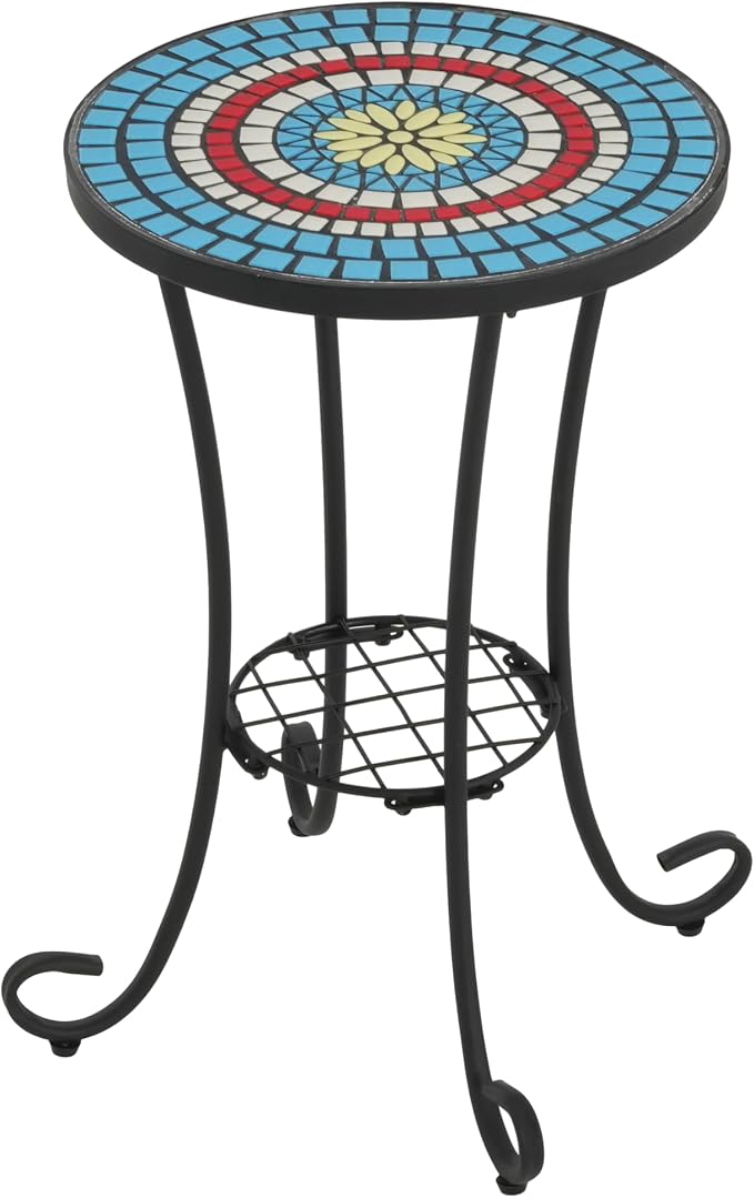 Patio Side Table, Round Ceramic Top, Blue Floral