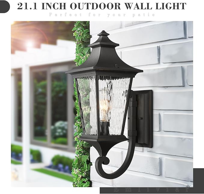 Emliviar 21.1 Inch Farmhouse Outdoor Wall Sconce,1 Light Exterior Wall Lighting in Black Finish Frame, Water Ripple Glass Shade, XE292UB-M SW BK