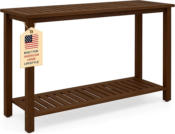 Premium 2-Tier Wooden Console Table with Storage Shelf Solid Eucalyptus Wood 48.03"x 16.14"x 31.1" Entryway Sofa Table for Hallway, Living Room (Brown)