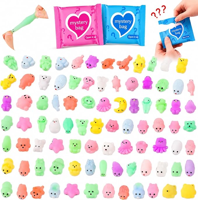 100 PCS Mystery Bag Animal Mochi Squishy Toys, Mini Blind Bags Bulk Cute Kawaii Sensory Fidget Surprise Toys for Kids, Classroom Prizes, Party Favors, Treasure Box Rewards, Goodie Bag Stuffers