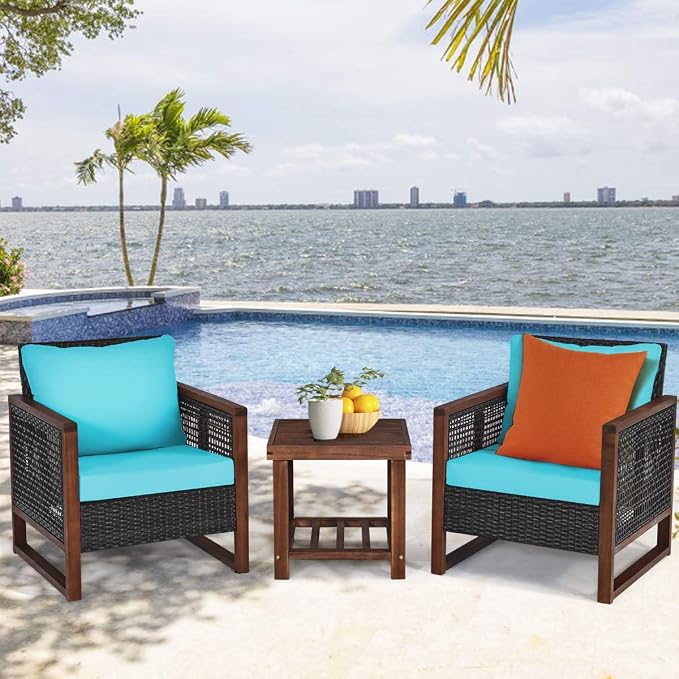 Tangkula 3 Pieces Patio Wicker Furniture Set, Rattan Outdoor Sofa Set w/Washable Cushion & Acacia Wood Coffee Table, Conversation Bistro Set for Garden Balcony Backyard (Turquoise)