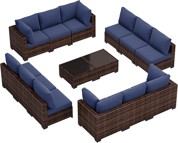 FHFO 14 Piece Outdoor Wicker Patio Furniture Set, Brown/Blue | Sectional Sofa | All-Weather Hand-Woven Rattan | Tempered Glass Coffee Table | Free Combination | Indoor & Outdoor Use