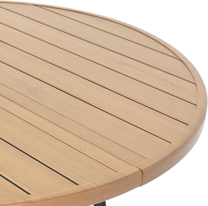 47" Round Wood Patio Table with Umbrella Hole,Outdoor Dining Table with Steel Frame for Patio Garden Deck Dining Room Office