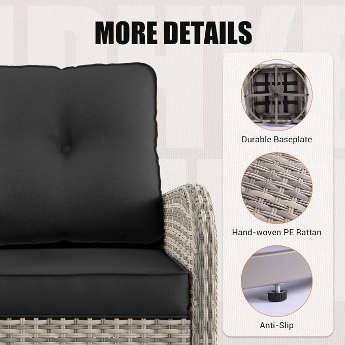 7Pcs Patio Rocking Swivel Chair with 55,000 BTU Fire Pit Table Outdoor Wicker Rattan Bistro Set with Side Table, Outdoor Patio Furniture Set Rocker for Garden and Balcony, Dark Grey