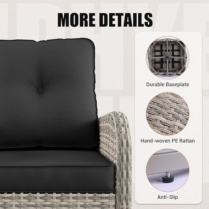 10-Piece Outdoor Patio Furniture Set with Rocking Swivel Chair, PE Wicker Rattan Sectional Sofa Patio Conversation Set with 55,000 BTU Fire Pit Table & Coffee Table, Dark Grey