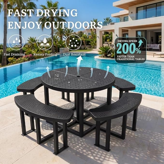 Heavy Duty 38" Round Q235 Steel Picnic Table, Black Metal Outdoor Table with Umbrella Hole, Industrial Patio Picnic Table for 8 People, Backyard & Park