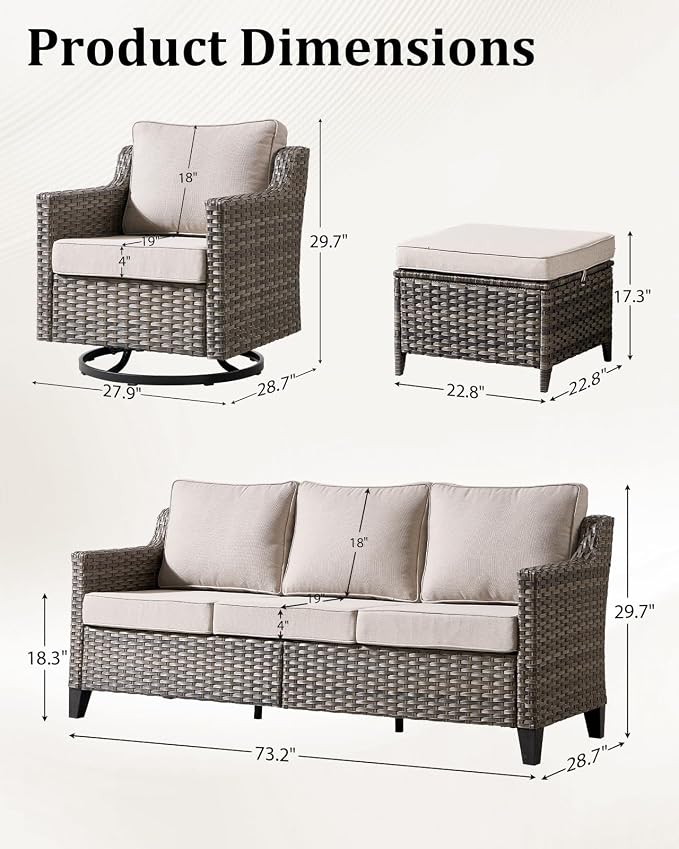 Outdoor Furniture Set of 5, Patio Chairs with Luxury 4" Cushion, Wicker Swivel Rocker Patio Chairs, and Side Table, High Back&Deep Seat for Garden Deck Porch Balcony Backyard - Beige