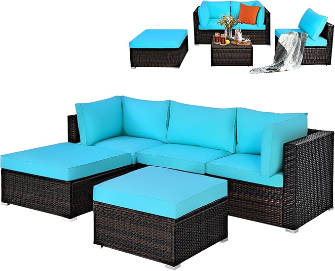 DORTALA 5 Pieces Patio Rattan Furniture Sets, Sectional Sofa Conversation Set w/Steel Frame & Sponge Cushions, Modern Wicker Combination Sofa Set w/Ottoman & Table for Garden Lawn Balcony, Turquoise