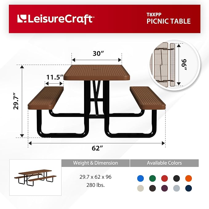 Leisure Craft Metal Picnic Table with Bench - 8 ft Rectangle Outdoor Dining Table for 8, Umbrella Hole, Weatherproof Heavy Duty Thermoplastic Coating, Commercial Grade Furniture Made in USA - Brown