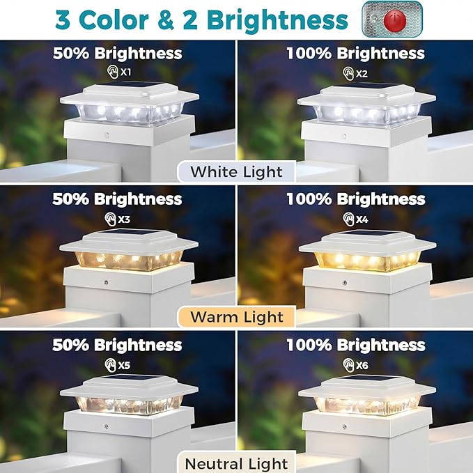 kolpop 4x4 Solar Post Cap Lights Outdoor 8Pack- 3 Color Temperatures&2 Level Brightness, IP65 Waterproof, 16 LED Fence Deck Post Light Solar Powered Only for 4×4/3.5×3.5 Wood/Vinyl Posts(White)