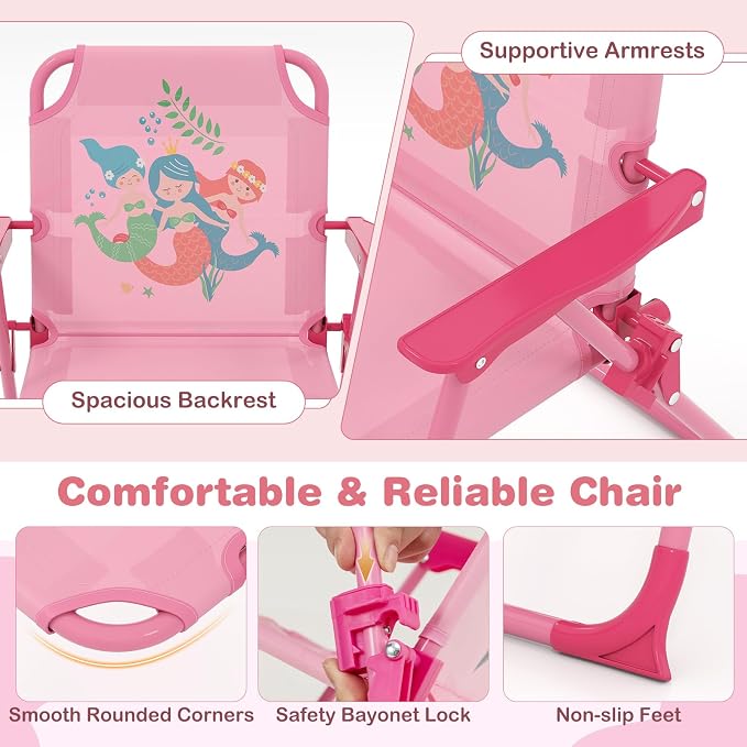 KOTEK Kids Picnic Table with Umbrella, Outdoor Table & 2 Folding Chairs, Cute Pattern Children’s Patio Furniture, Portable Kids Table and Chair Set for Backyard, Garden, Beach (Pink)