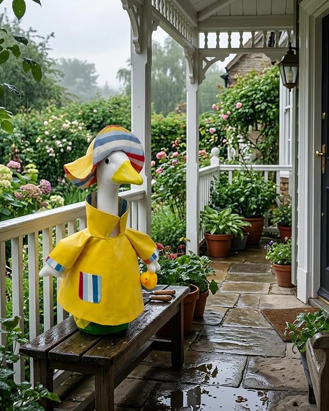 Porch Goose Outfits Raincoat with Hat & Little Duck - 23" Summer Yellow Rain Slicker Lawn Geese Clothes, Cute Porch Goose Spring Outfits for Garden Decor, Funny Gift for Mom Grandma