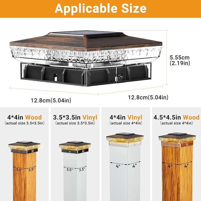 btfarm 4x4 Solar Post Cap Lights Outdoor, 2 Modes 16 LED Fence Deck Post Lights, 6 Pack Waterproof Solar Powered Lighting Outside Fit 4x4 3.5x3.5 Wooden/Vinyl for Porch Patio Garden, Copper Cap