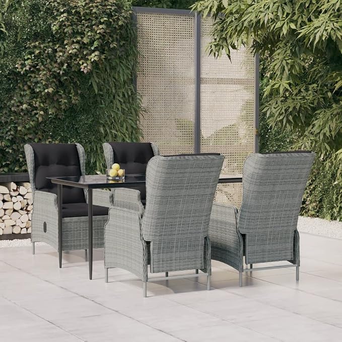 5 Piece Patio Dining Set Light Gray Poly Rattan with Adjustable Reclining Chairs, Outdoor Garden Dining Table and 4 Chairs with Thick Cushions for Backyard Poolside Lawn