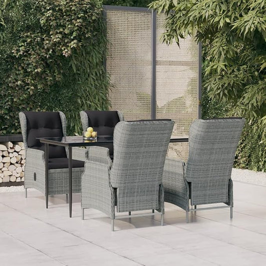 5 Piece Patio Dining Set Light Gray Poly Rattan with Adjustable Reclining Chairs, Outdoor Garden Dining Table and 4 Chairs with Thick Cushions for Backyard Poolside Lawn