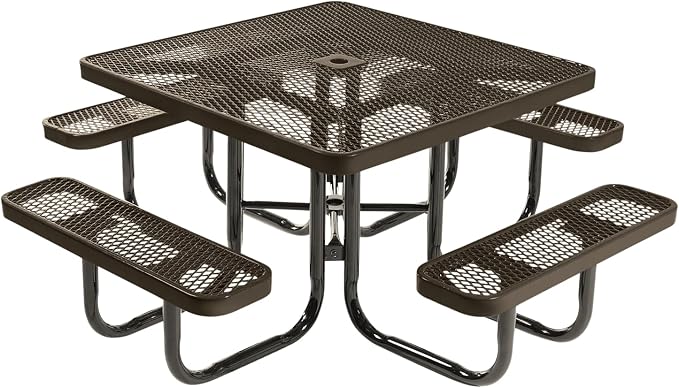 COATEDOUTDOORFURNITURE Heavy-Duty Portable Outdoor Picnic Table with Umbrella Hole, Expanded Metal Commercial-Grade Patio Dining Furniture Made in America (46" Square Top, Textured Brown)