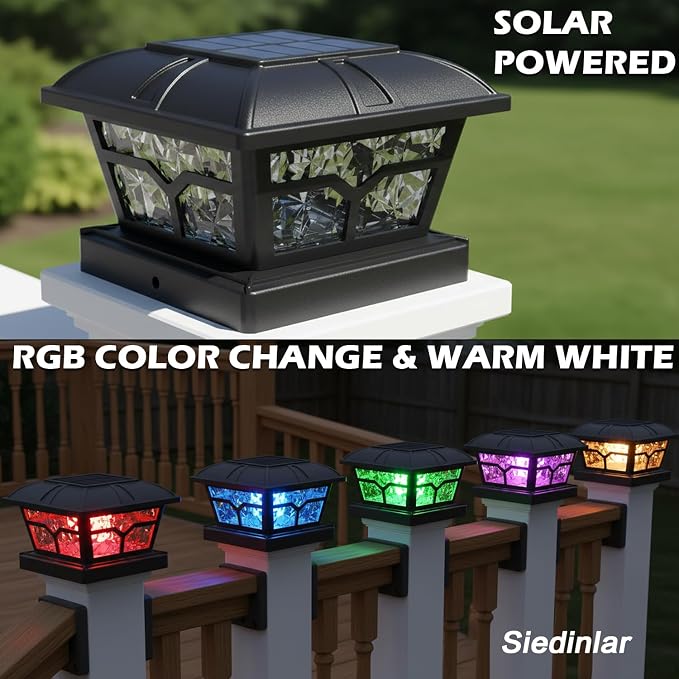 SIEDiNLAR Solar Post Cap Lights Outdoor 2 Color Modes for 4x4 5x5 6x6 Wooden Vinyl Posts Fence Deck Patio Decoration RGB Color Changing/Warm White Lighting Black (6 Pack)