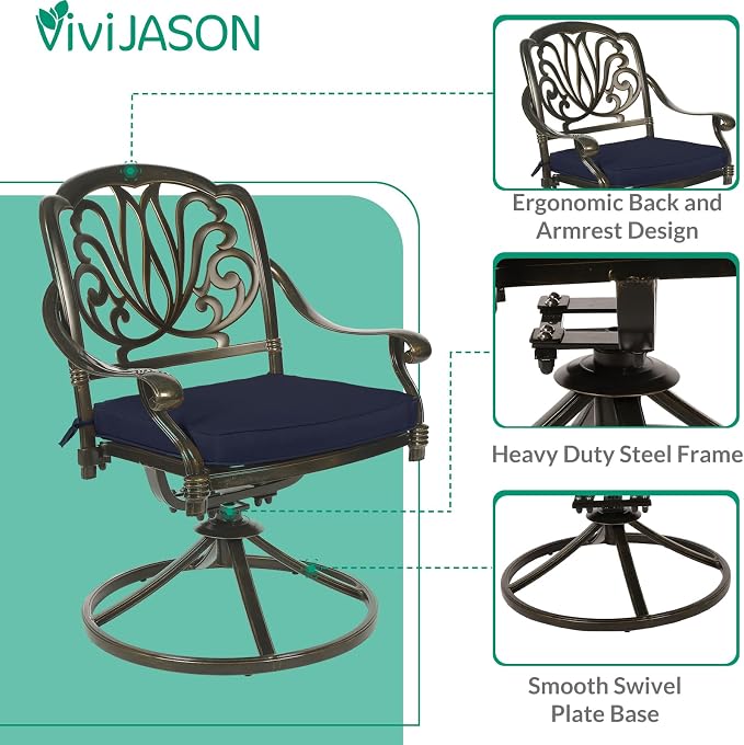 VIVIJASON 9-Piece Outdoor Furniture Dining Set for 8, All-Weather Cast Aluminum Patio Table and Chairs Set with 8 Swivel Rocker Chairs, 64" Large Square Dining Table with 2.2" Umbrella Hole, Navy Blue