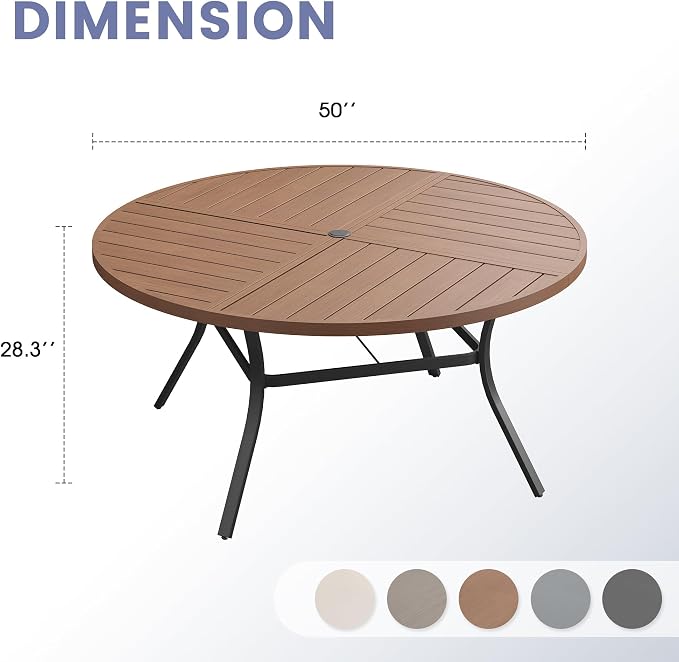 VICLLAX 50" Round Outdoor Table, Patio Dining Table for 6 with Umbrella Hole for Garden Lawn Deck Backyard, Walnut