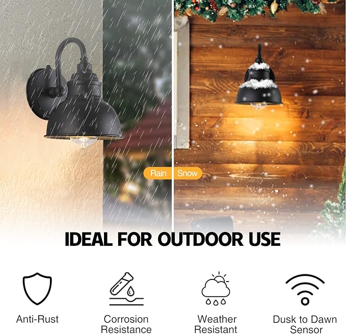 Barn Light Gooseneck Light- Dusk to Dawn Farmhouse Outdoor Lighting, 1-Light Outdoor Gooseneck Lighting with Sensor Farmhouse Wall Sconce for Patio Porch Garage (7.08" Diameter, 1pc) | Black, 1-Light Outdoor Gooseneck Lighting, With Sensor, Farmhouse W...