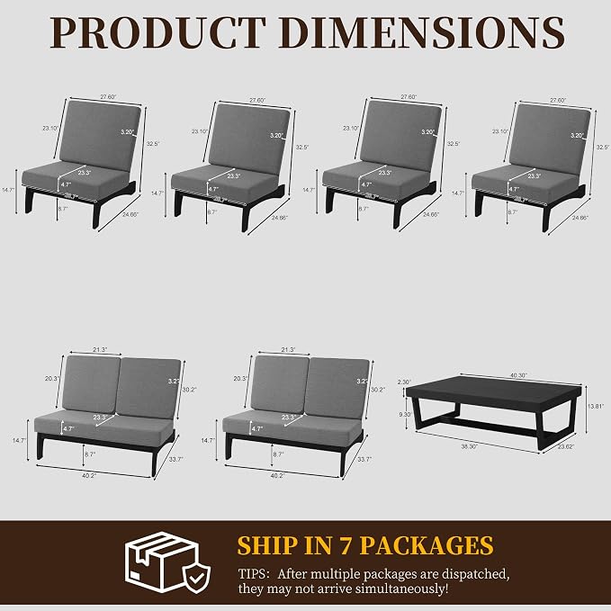 7 Pieces All Weather Black Wood Patio Furniture Sets, 2 Patio Loveseat, 4 Patio Bistro Chair, Outdoor Sectional Sofa Furniture Backyard Conversation Set with Coffee Table - Gray