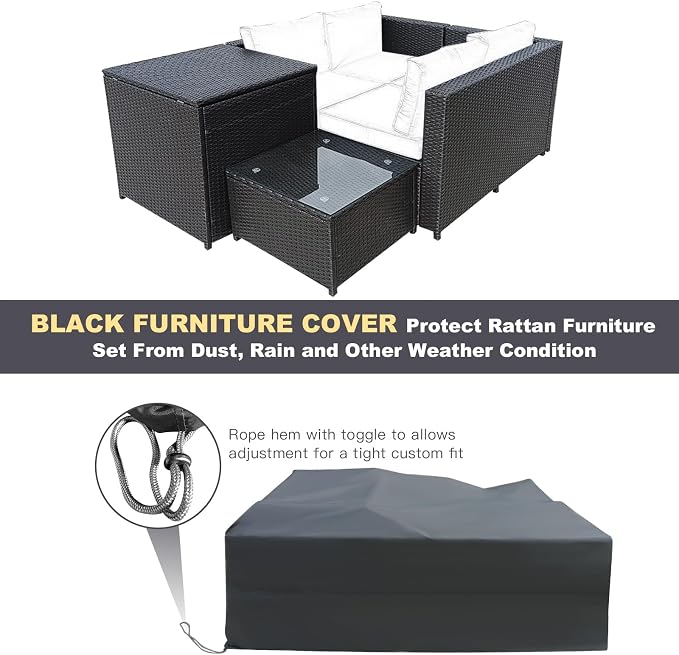 Tangkula 5 Piece Patio Furniture Set with 50,000 BTU Propane Fire Pit Table, Outdoor Wicker Conversation Set w/Cushions, Storage Box and Tempered Glass Coffee Table, 30" Gas Fire Pit Table (Navy)