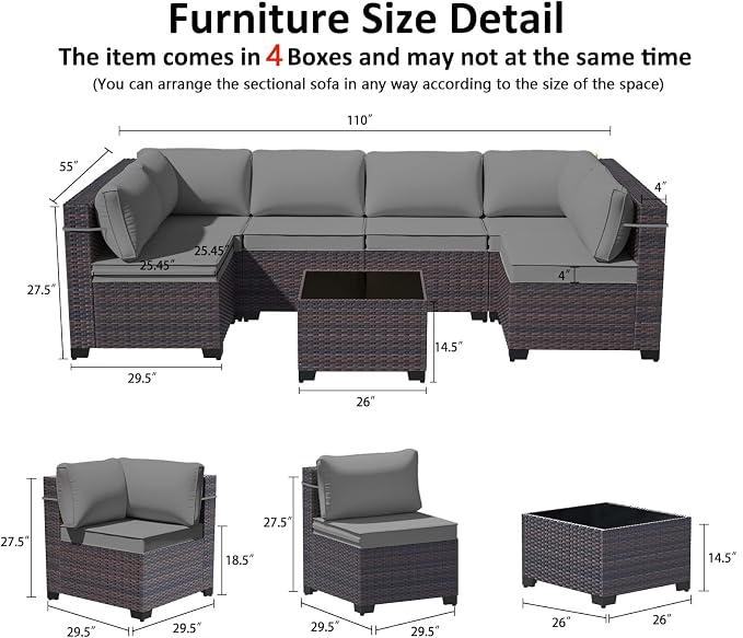 9 Pieces Outdoor Sectional Furniture All Weather PE Rattan Wicker Patio Conversation Set with Coffee Table and 8 Thickened Cushions,Grey