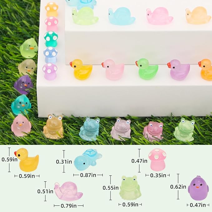 FEXIA 100 Pcs Mini Resin Ducks 6 Types Bulk to Hide Luminous Mini Resin Animals Glow in The Dark for DIY Garden Combination Sets for Micro Landscape Aquarium Party Decor