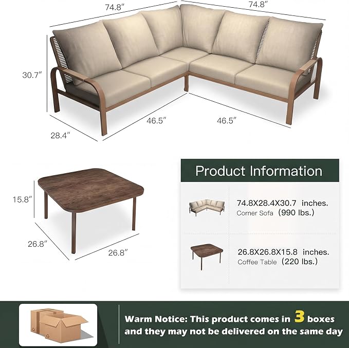 Aluminum Outdoor Patio Furniture Set, L-Shaped Corner Sectional Sofa with Coffee Table, Waterproof 4.8" Cushions, Modern Patio Conversation Set for Balcony, Porch & Backyard, Beige