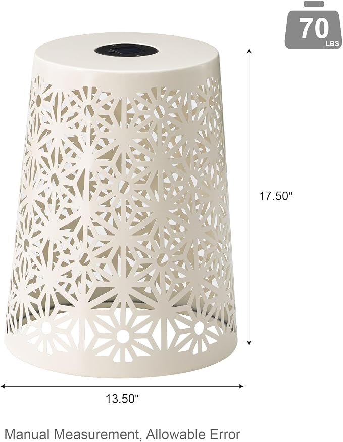 Glitzhome Set of 2 Outdoor Side Table, Iron Cutout Geometric Pattern Solar Powdered Garden Stool, Planter Stand and Solar Lantern for Garden Patio Party Yard Outdoor Indoor Decoration, White