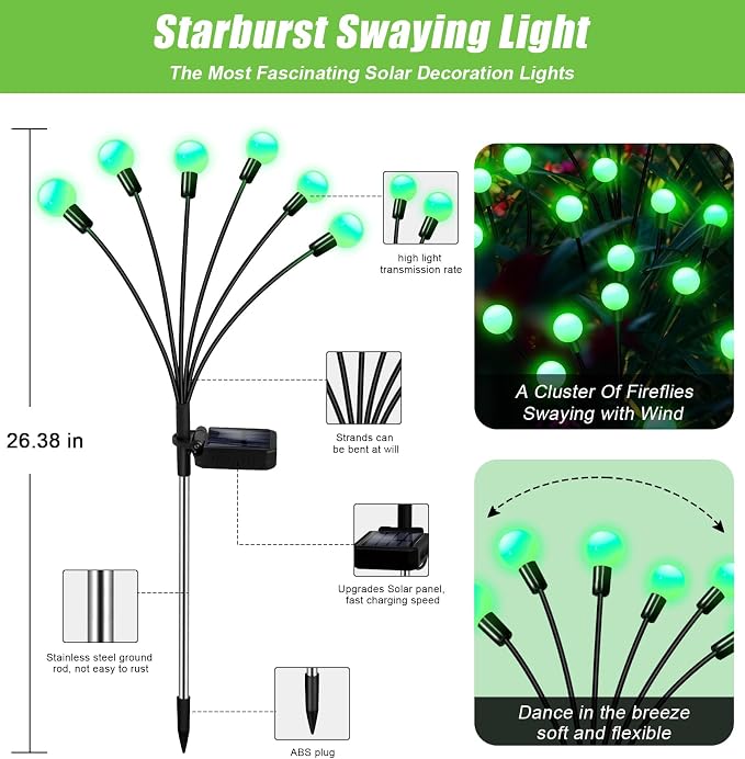 NBQQ Solar Lights Outdoor 4 Pack of 32 LEDs Swaying Firefly Garden Decor | Green Waterproof Solar Garden Lights for Yard Pathway Patio, Swaying Lawn Decor as Gardening Gifts for Women,Christmas Decor