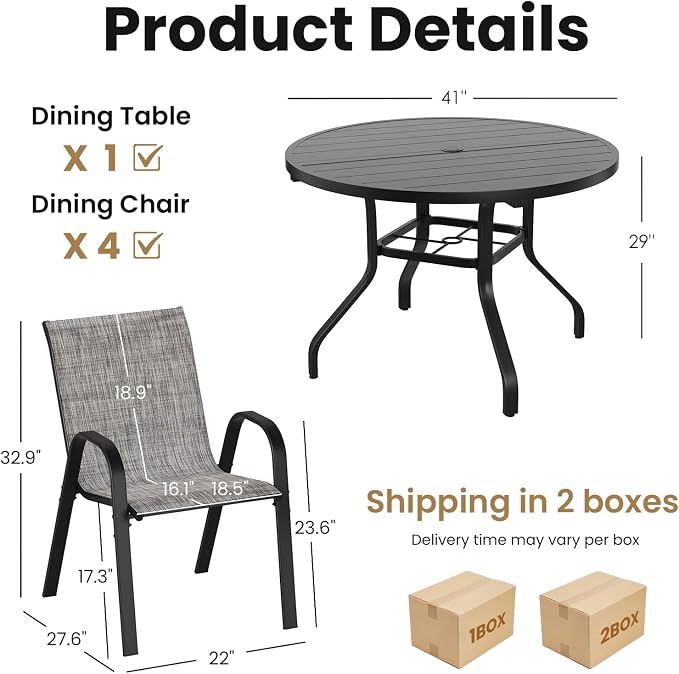 Soohow Outdoor Dining Set for 4, 5-piece Outdoor Patio Dining Set 4 x Stackable Patio Chairs & 1 x Round Table with Umbrella Hole,All-Weather Outside Table and Chairs for Backyard, Balcony, Porch
