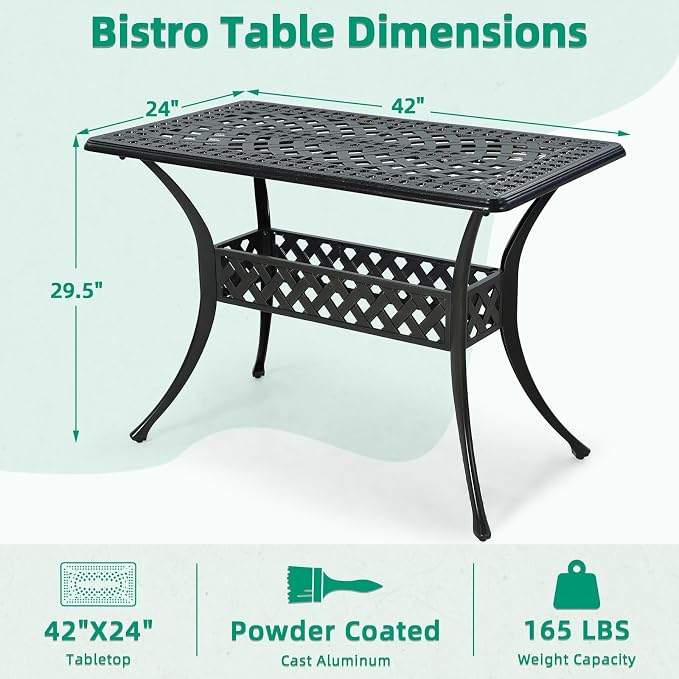 VIVIJASON 42" x 24" Cast Aluminum Outdoor Dining Table, Narrow Rectangular Bistro Table for Small Balcony, Rust Proof & Weather Resistant Patio Furniture for Backyard, Porch, Garden, Dark Bronze