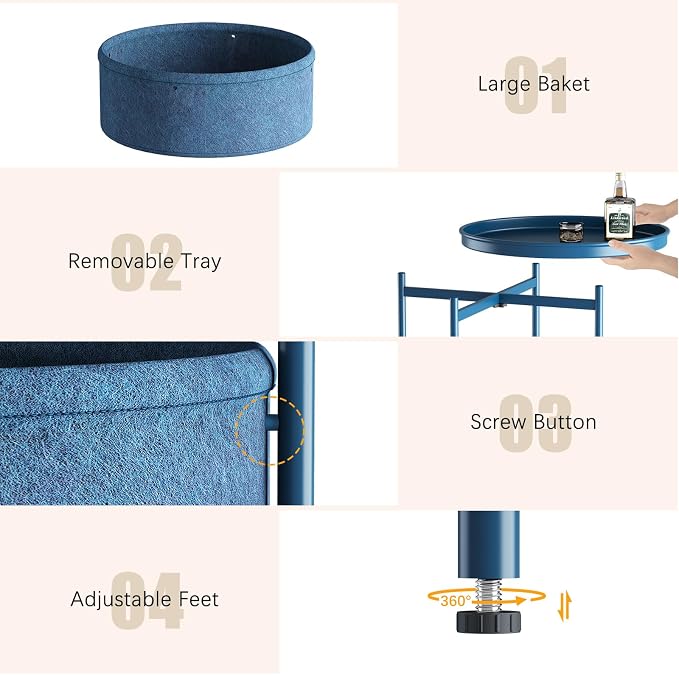 Garden 4 you Side Table with Fabric Storage Basket, Round Metal End Table, Small Bedside Table Nightstand with Removable Tray, for Nursery, Living Room, Bedroom, Bathroom, Blue