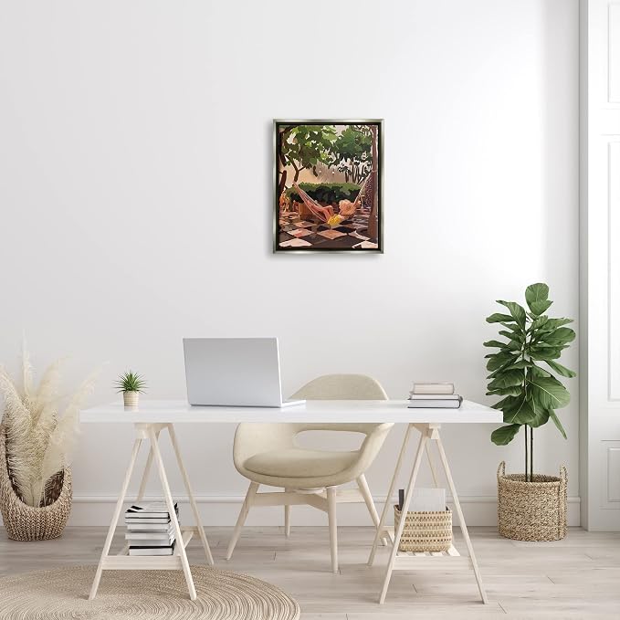 'Woman Lounging Hammock Tropical Summer'| Floating Frame Canvas Art | Stupell Industries | Gray, 17 x 21 Inches, Easy to Hang and Sturdy, Made in USA, by Amelia Noyes