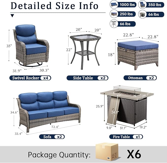 Luxury 6" Thick Cushion 11 Pieces Wicker Patio Furniture Set with 41”Fire Table, Outdoor Conversation Set with Swivel Rocker Chairs Set of 4 and Patio Couch for Deck Porch Yard and Poolside
