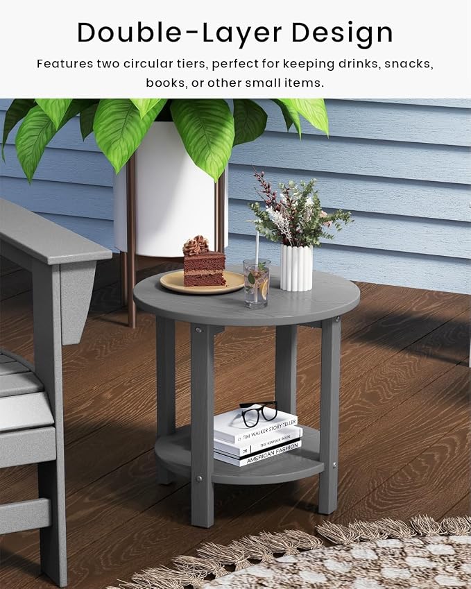 HDPE Round Outdoor Side Table, 18.1-Inch Weatherproof Small Outdoor Table for Adirondack, 2-Tier Patio End Table for Garden Backyard Porch Deck Balcony Poolside (Grey)