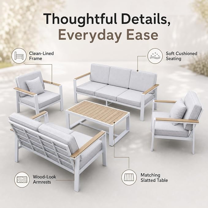 Modern All Weather Aluminum Patio Conversation Set,5 Pieces Oversized Metal Sectional Sofa Couch with Cushions and Coffee Table,Outdoor Furniture for Backyard,Porch,Garden, Balcony,Deck White