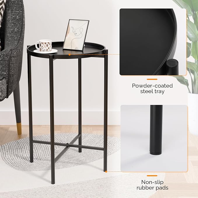 VINGLI Round Metal Side Table with Removable Tray, Outdoor Patio Coffee Table, Waterproof End Table for Small Spaces, Outdoor Patio, Living Room, Bedroom, Balcony (X-Brace & Non-Slip Pads) (2, Black)