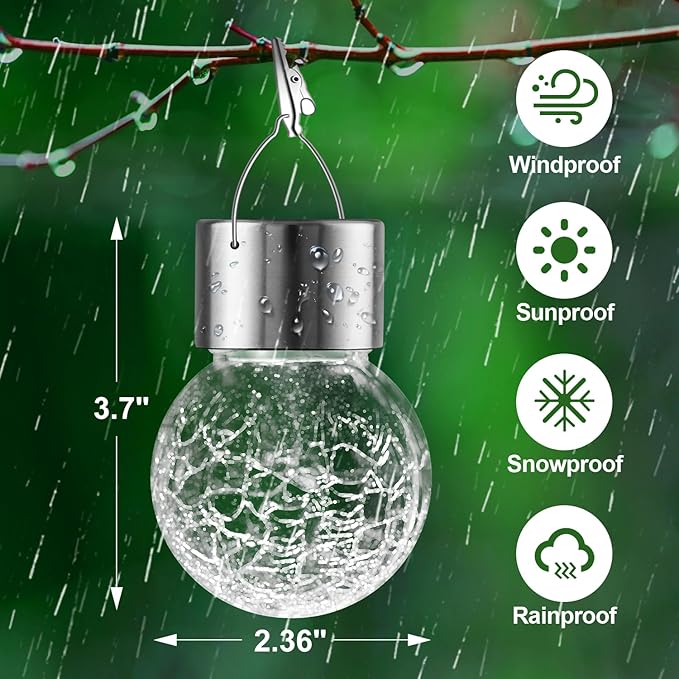 Solar Lights Outdoor Hanging Decorative Globe 8 Pack, Waterproof Solar Lantern with Handle and Clip, Solar Powered Glass Ball Lights for Garden Yard Fence Tree Umbrella Holiday Décor, Cold White