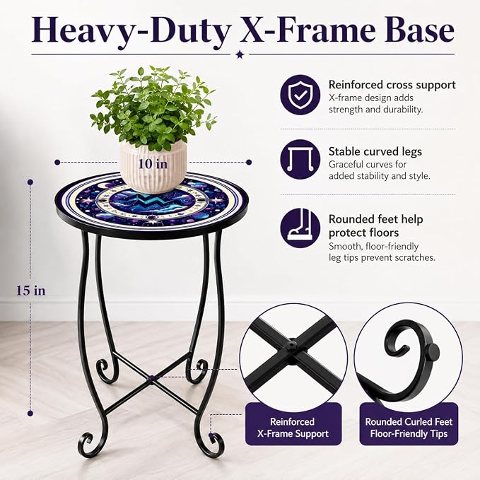 15 Inch Tall Patio Side Table, Small Patio Table for Outdoor Deck Porch Poolside, Ocean Wave Metal End Table, Rust Resistant Garden Stool Matches Mosaic Outdoor Side Table Decor