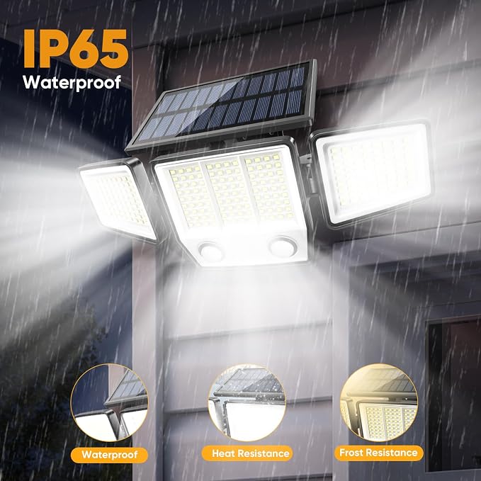 MDCMDCM Solar Motion Lights Outdoor Waterproof - 3000LM LED Security Lights Motion Outdoor with Dual PIR, 270° Wide Angle IP65 Solar Flood Lights Outdoor for Yard Garage Patio Fence Garden