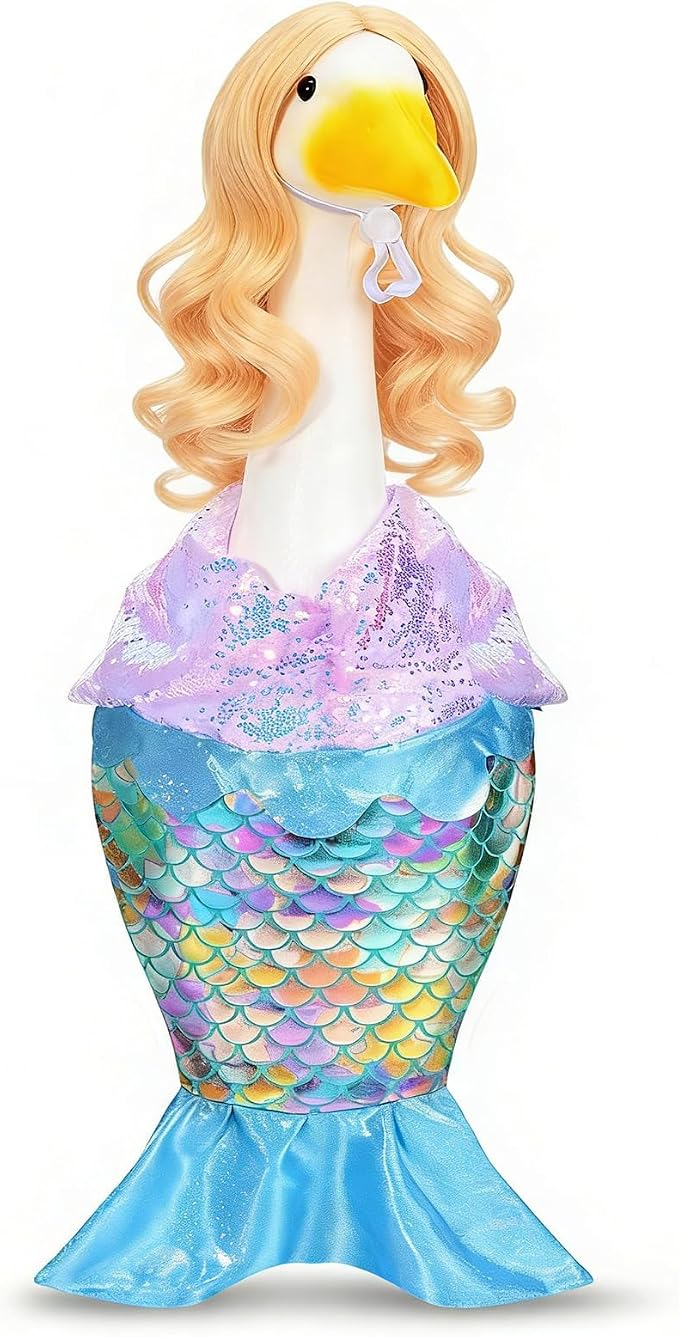 Mermaid Porch Goose Outfits Summer Goose Shiny Mermaid Dress & Wigs Princess Goose Clothes Fits 23'' Geese Statue for Holiday Birthday Outdoor Beach Yard Lawn Garden Decor