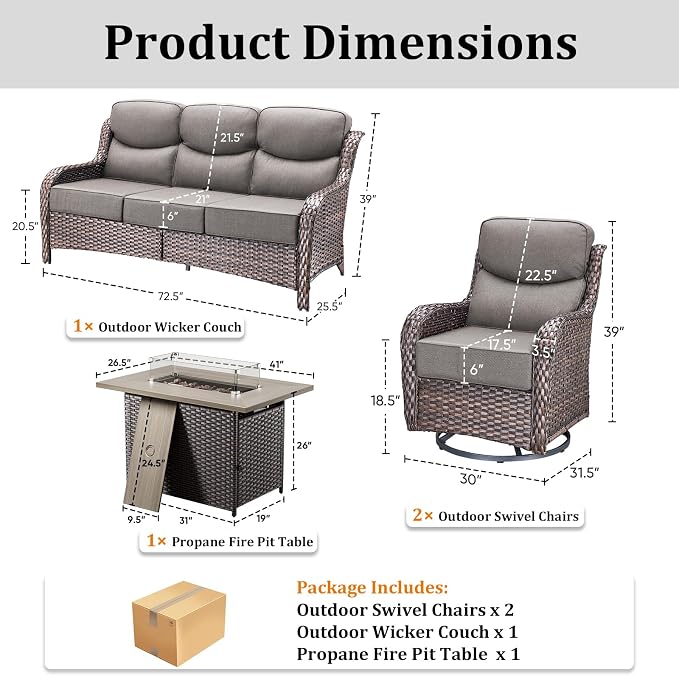 Luxury High Back Patio Furniture Set with 6-Inch Thick Cushions, 4-Pieces Outdoor Furniture with Swivel Chairs Fire Pit, Wicker Conversation Set for Porch, Balcony, Deck and Yard, Brown/Grey