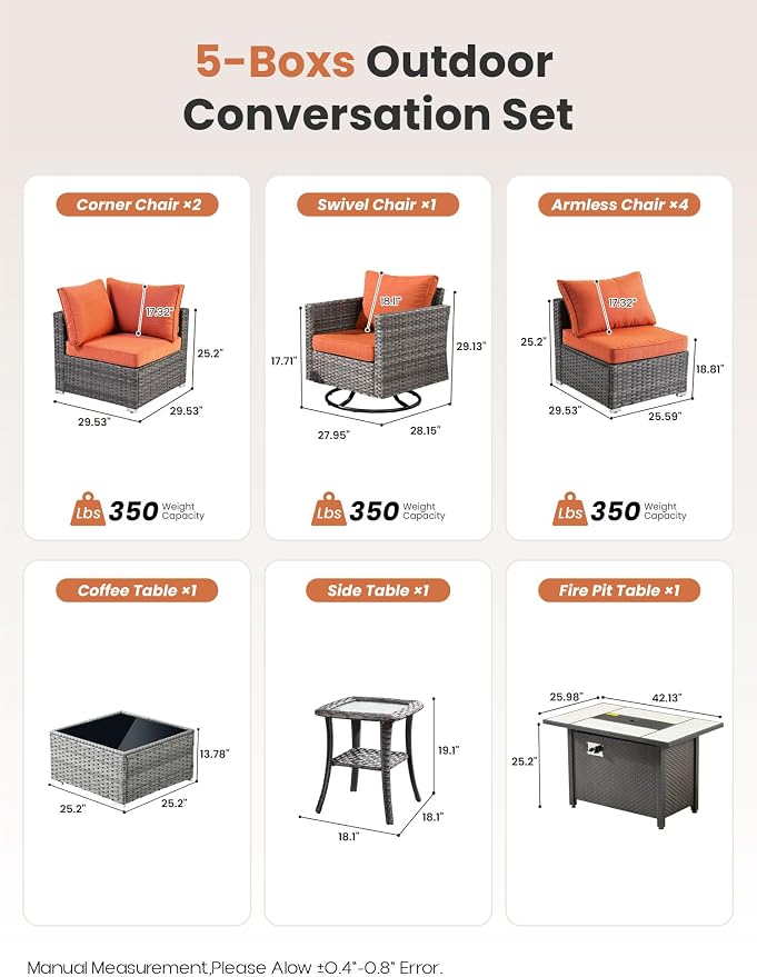 ovios 10 Piece Outdoor Patio Furniture Set with Fire Pit Table,Conversation Sectional Wicker Couch with Swivel Chairs,Modern Outside Sofa for Balcony Backyard, Orange