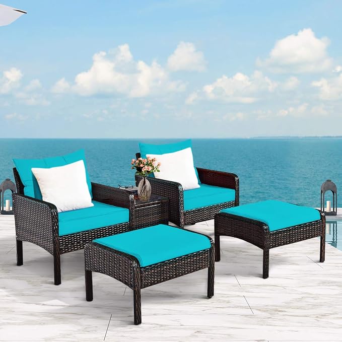 COSTWAY 5 PCS Patio Rattan Furniture Set, Outdoor Cushioned Sofa with Ottomans and Coffee Table, Wicker Conversation Set for Backyard Porch Lawn Poolsid, Turquoise