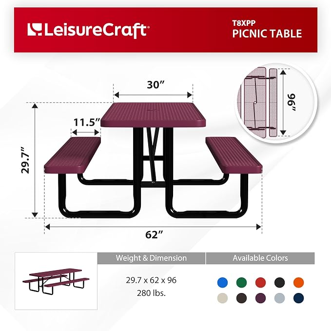 Leisure Craft Metal Picnic Table with Bench - 8 ft Rectangle Outdoor Dining Table for 8, Umbrella Hole, Weatherproof Heavy Duty Thermoplastic Coating, Commercial Grade Furniture Made in USA - Burgundy