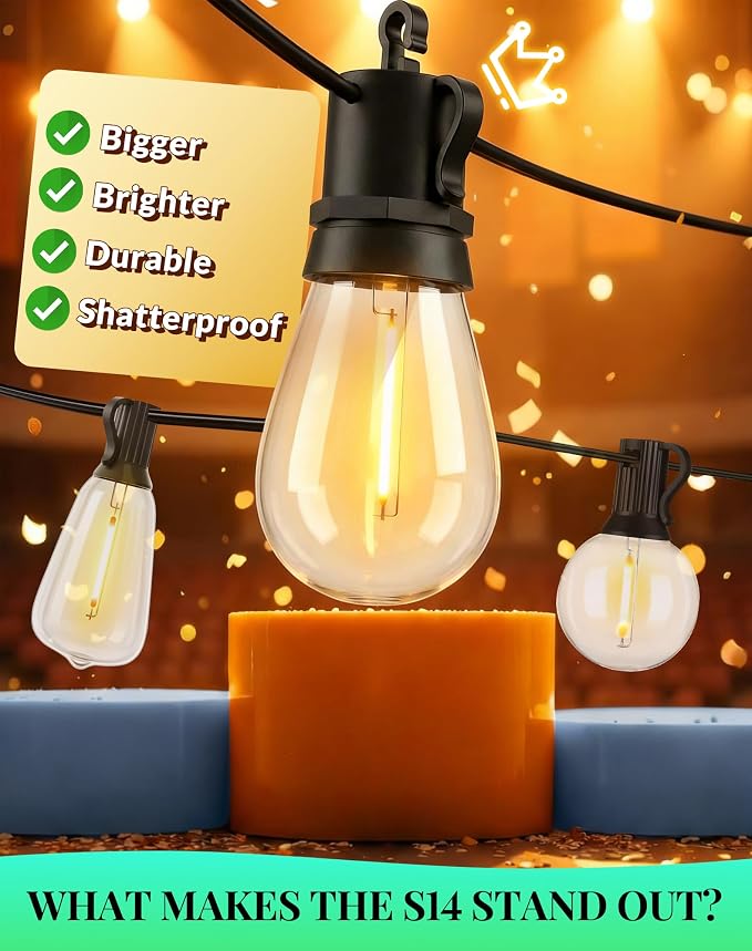 Outdoor String Lights Patio Light - 150Ft Outside Waterproof Dimmable Bulbs | S14 LED Remote Porch Light, Shatterproof Edison Bulbs Hanging Connectable Lighting for Gazebo Backyard Bistro Pergola, Timer
