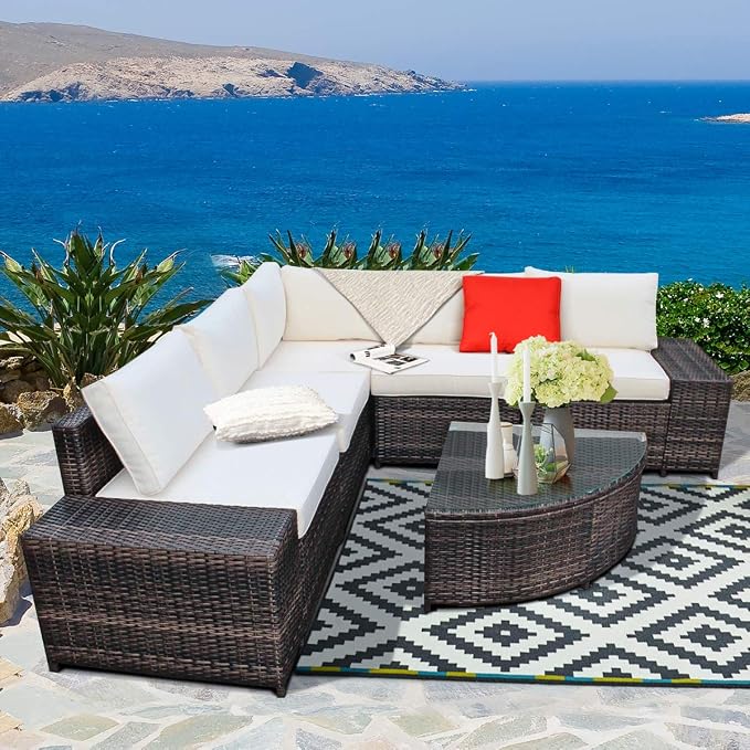 Tangkula 6 Piece Wicker Patio Furniture Set, Outdoor All Weather PE Rattan Conversation Set w/Tempered Glass Coffee Table, Sectional Sofa Set w/Comfortable Cushions for Backyard, Garden (White)