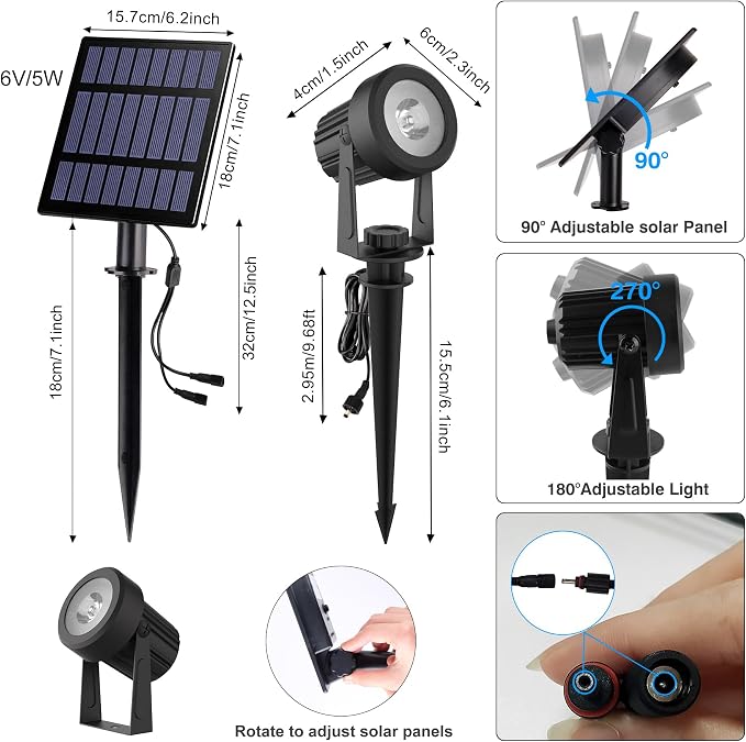 Solar Spot Lights Outdoor, 4-in-1 Solar Landscape Spotlight Waterproof 9.8ft Cable, 5W 3000mAh, Dusk to Dawn Auto ON/Off Adjustable Wall Lights for Yard, Ground, Garden, Pool, Lawn (Cold White)